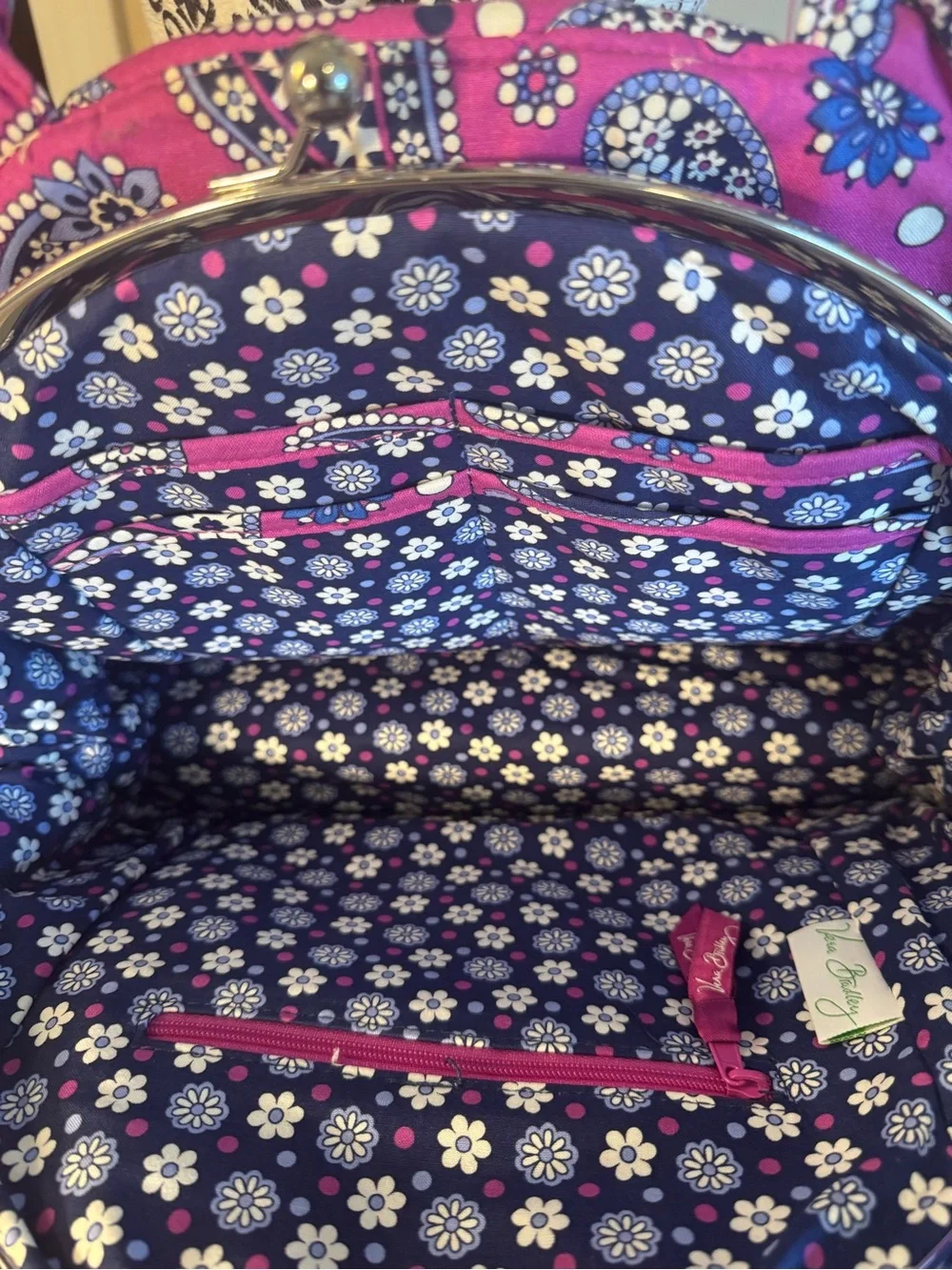 Vera Bradley Quilted Paisley Dome Kiss Lock Tote in Fuchsia and Blue NWT